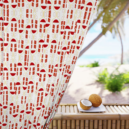Red and white geometric pattern curtain hanging on window in a modern room

