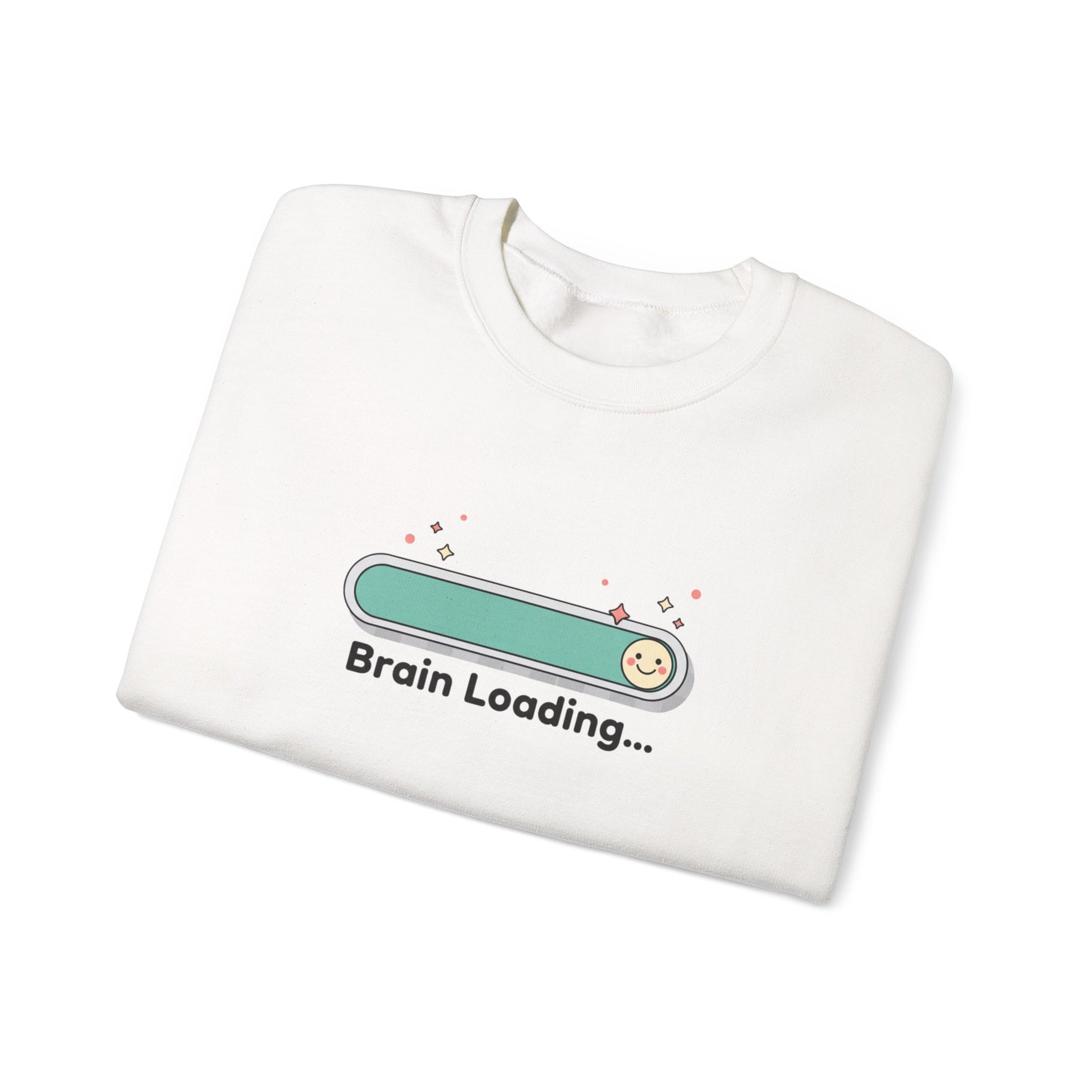 White sweatshirt with 'Brain Loading...' graphic on a white background