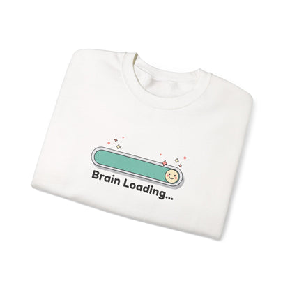 White sweatshirt with 'Brain Loading...' graphic on a white background