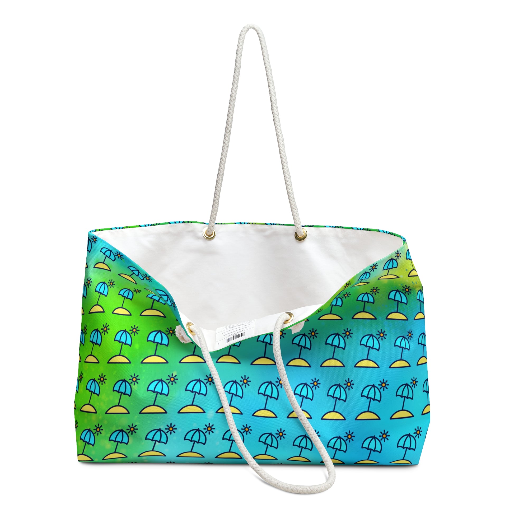 Colorful tote bag with beach umbrella pattern on a white background
