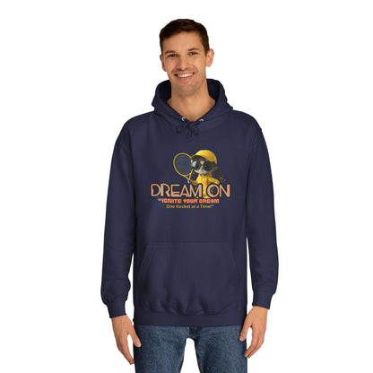 Person wearing a navy hoodie with a graphic design on a white background