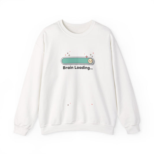 White sweatshirt with 'Brain Loading...' graphic on a white background