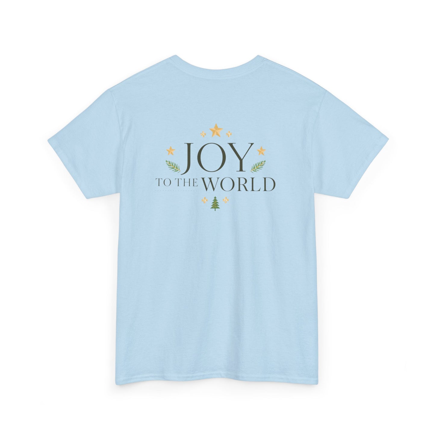 Minimalist Christmas T-shirt with golden stars and Joy to the World typography in elegant festive style