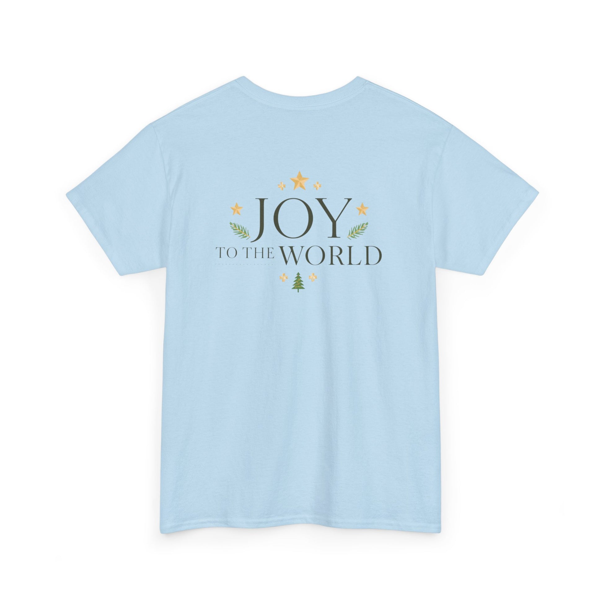 Minimalist Christmas T-shirt with golden stars and Joy to the World typography in elegant festive style
