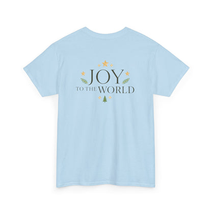 Minimalist Christmas T-shirt with golden stars and Joy to the World typography in elegant festive style