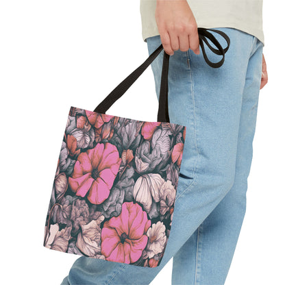 Person holding a tote bag with floral design on a white background