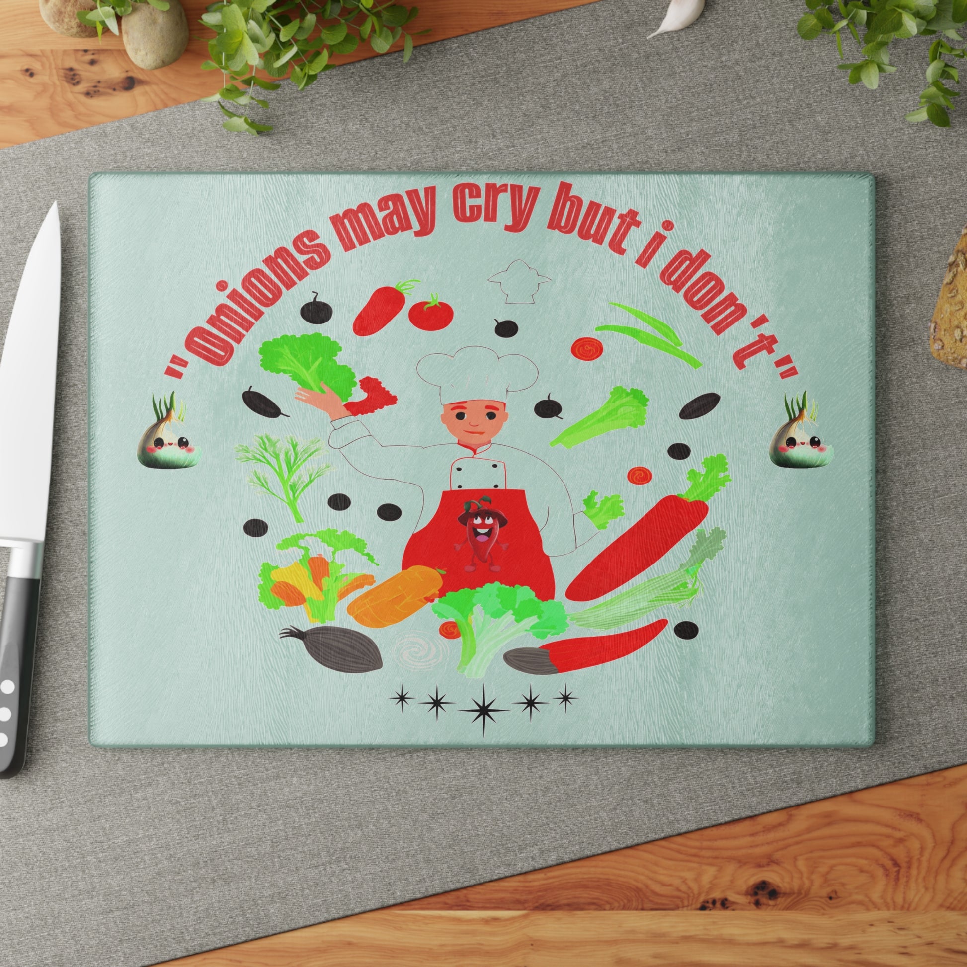 Colorful illustration of a chef surrounded by vegetables with text on a light green background