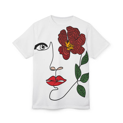 White t-shirt with a face and flower design on a white background