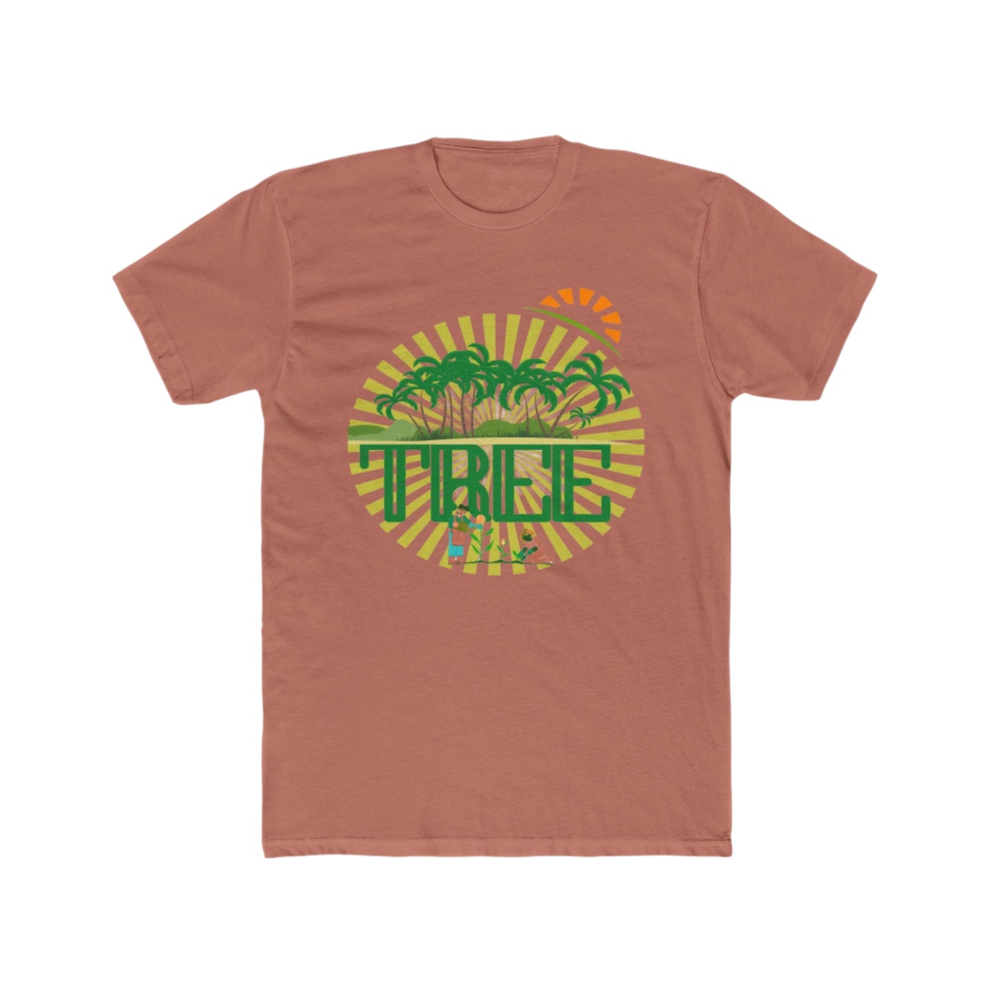 


A solid desert pink unisex cotton crew tee with a graphic print in the center that includes green palm trees and the word 'PINE'.