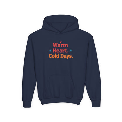 Navy blue hoodie with 'Warm Heart. Cold Days.' text on a white background