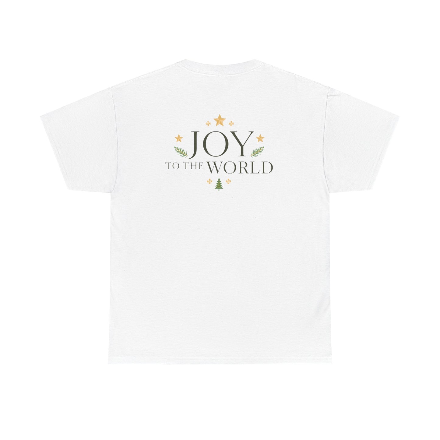 Minimalist Christmas T-shirt with golden stars and Joy to the World typography in elegant festive style