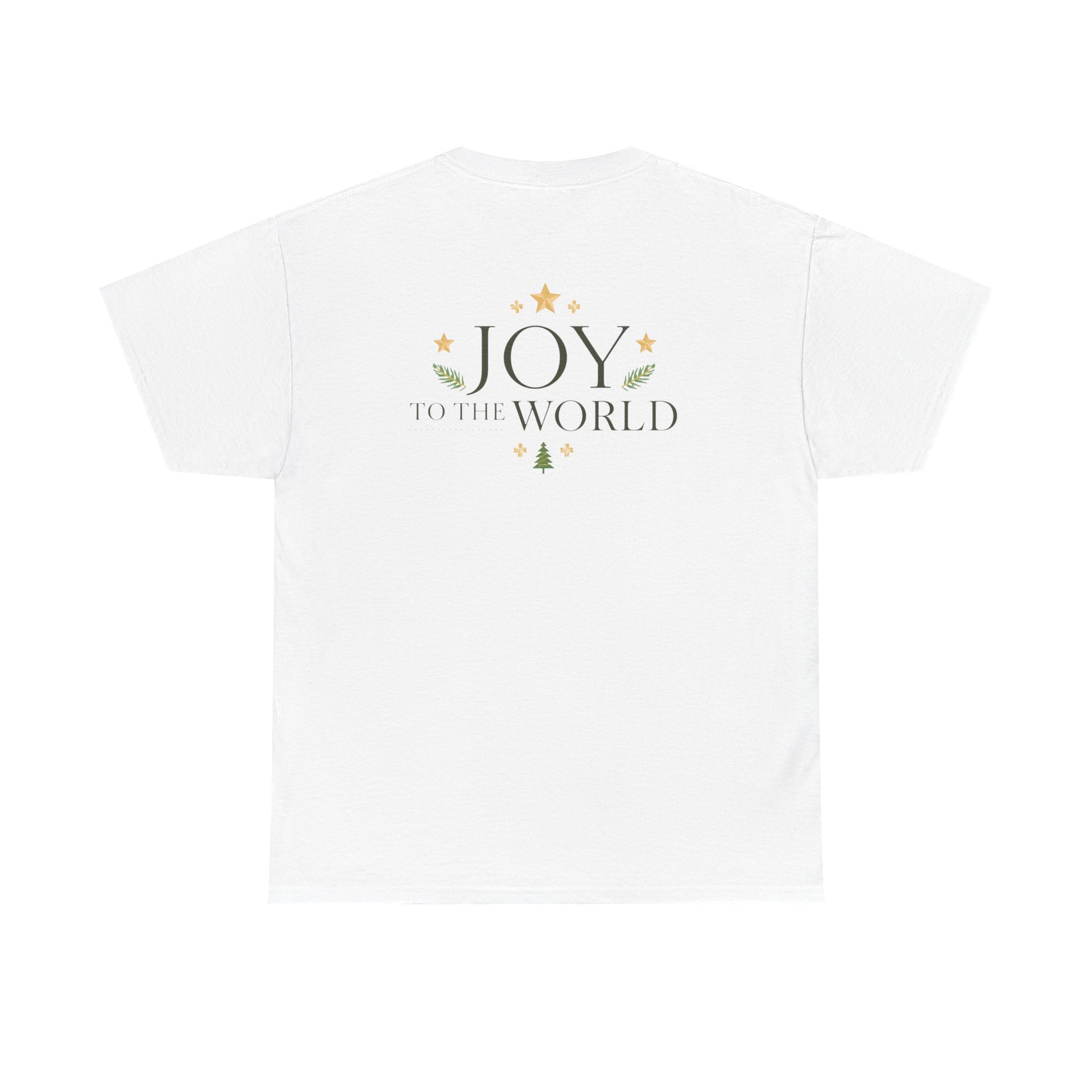 Minimalist Christmas T-shirt with golden stars and Joy to the World typography in elegant festive style