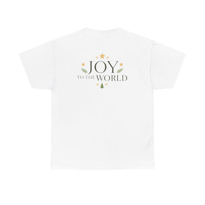 Minimalist Christmas T-shirt with golden stars and Joy to the World typography in elegant festive style