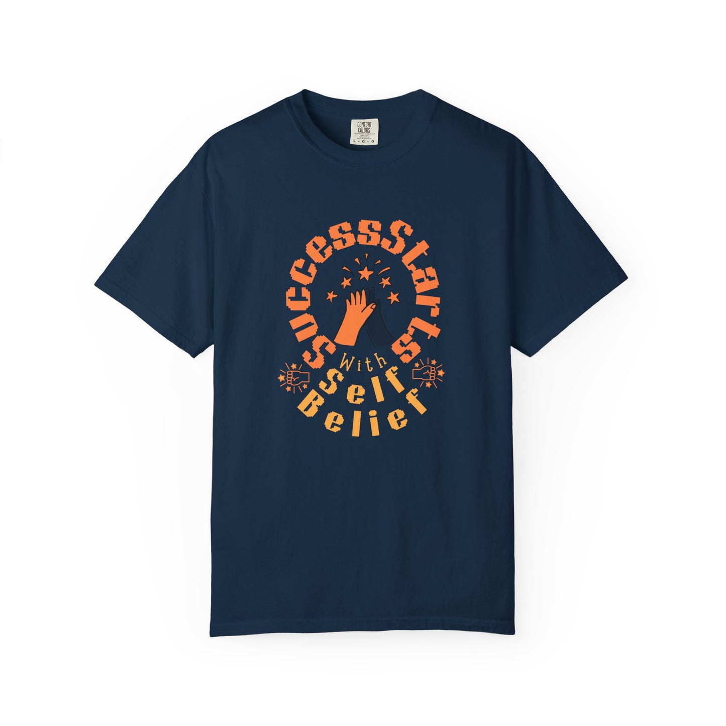 Navy blue t-shirt with motivational text design on a white background