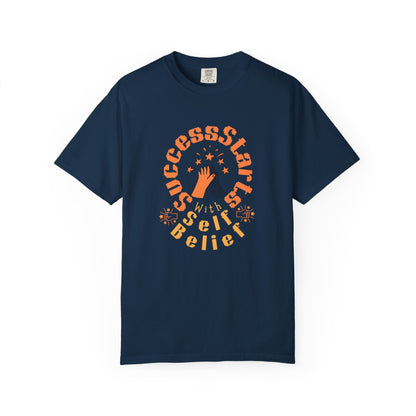Navy blue t-shirt with motivational text design on a white background