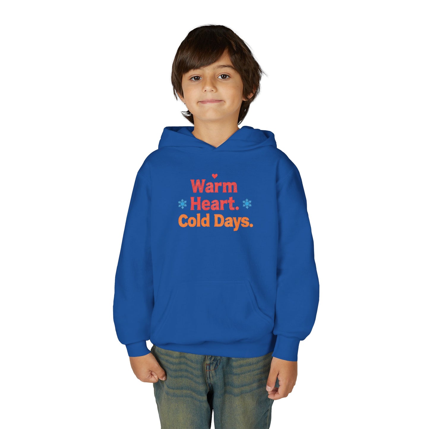 Child wearing a blue hoodie with text on a white background