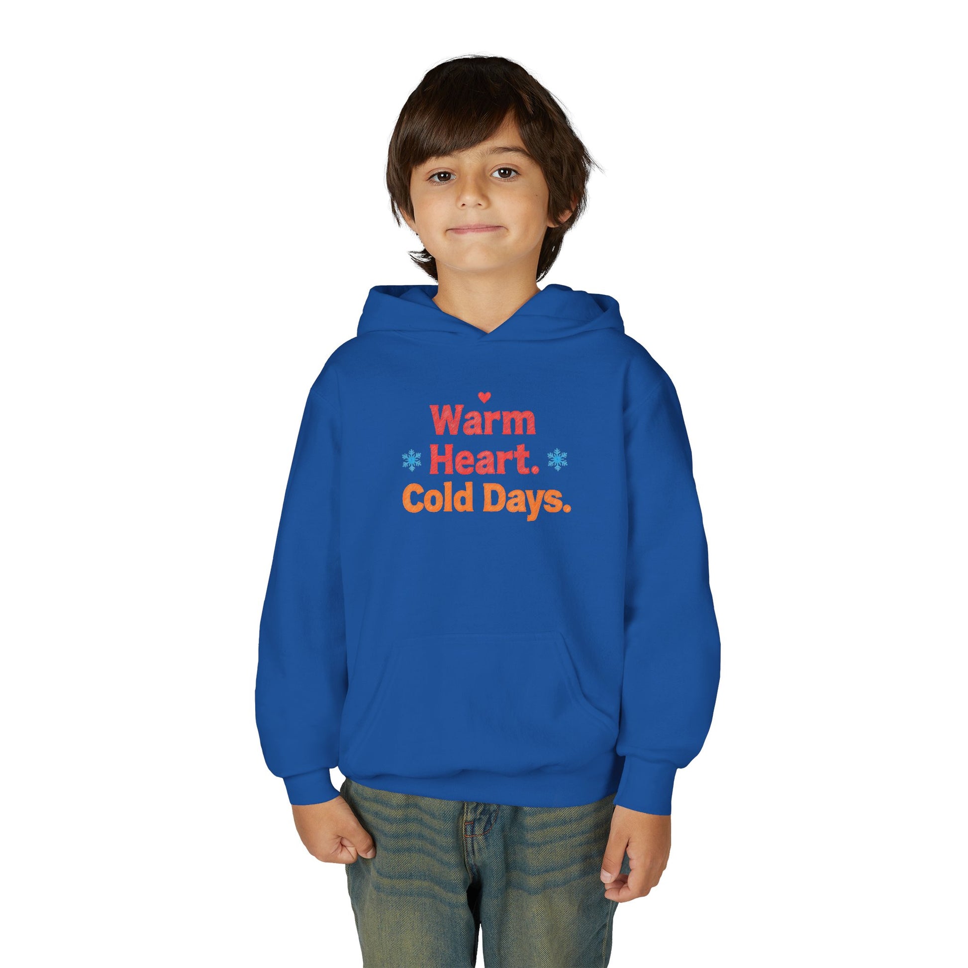 Child wearing a blue hoodie with text on a white background
