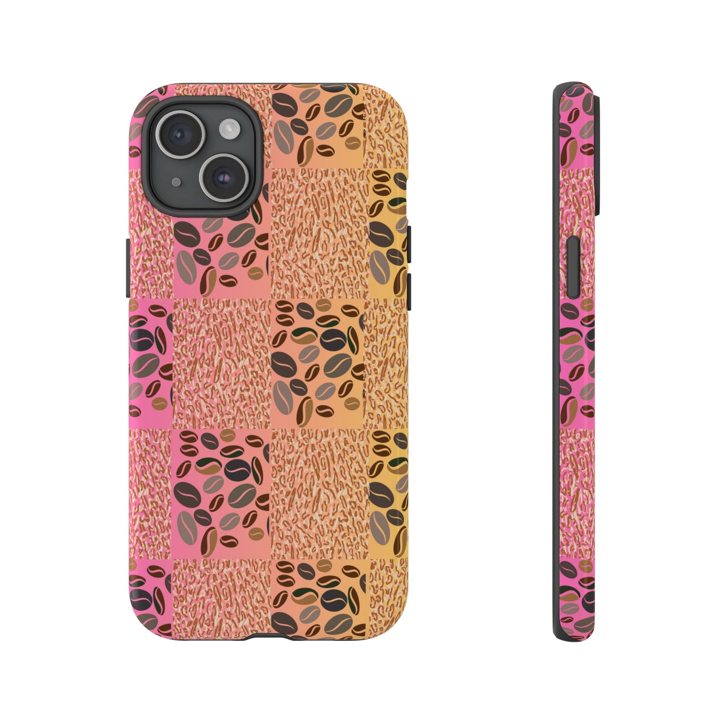 glossy black i phone 16 pro phone case with coffee bean and tiger print- bold and energizing style