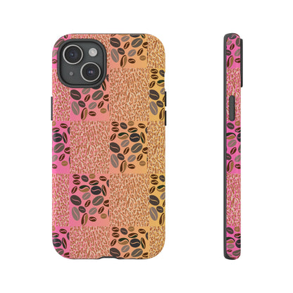 glossy black i phone 16 pro phone case with coffee bean and tiger print- bold and energizing style
