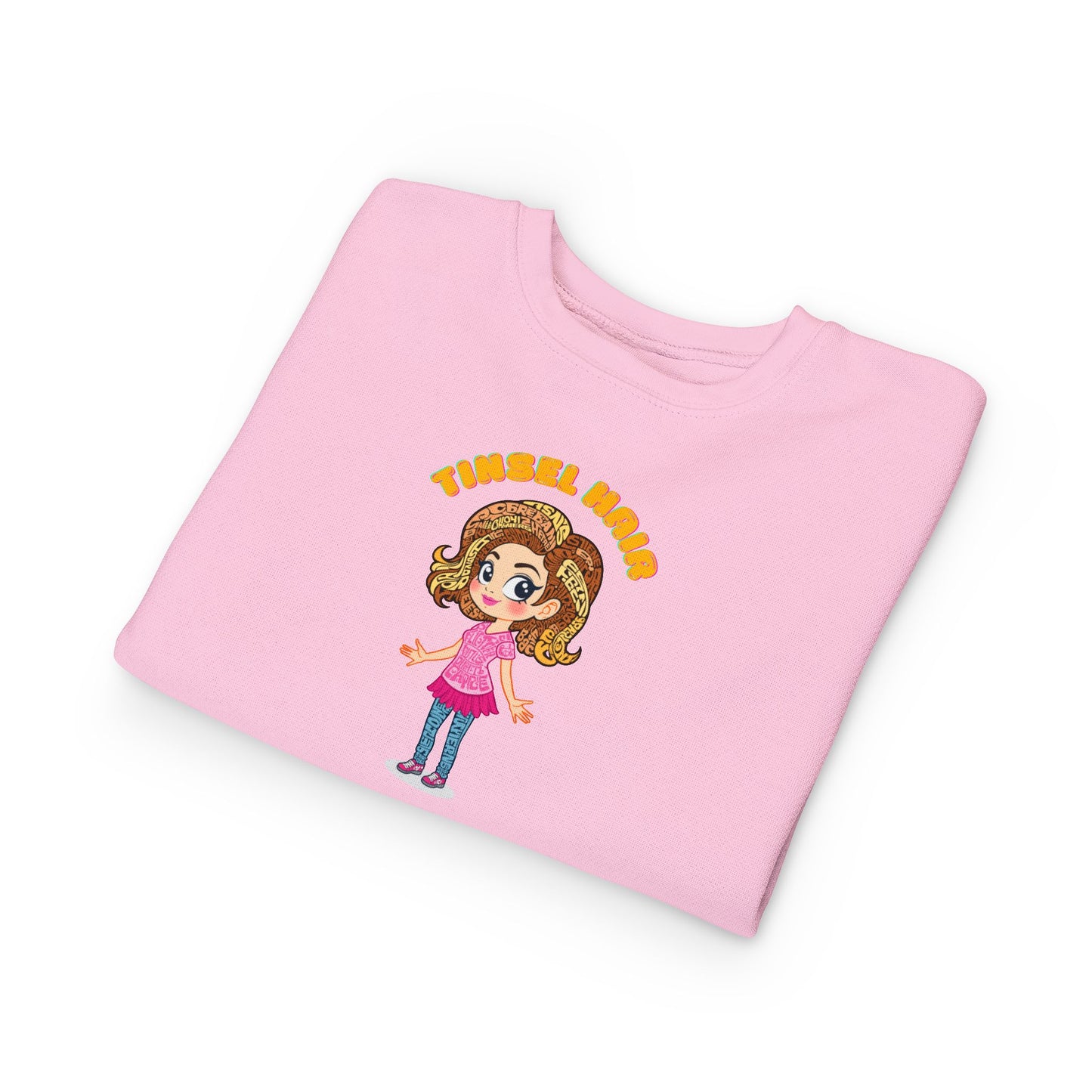 Folded pink t-shirt with a cartoon character and text on a white background
