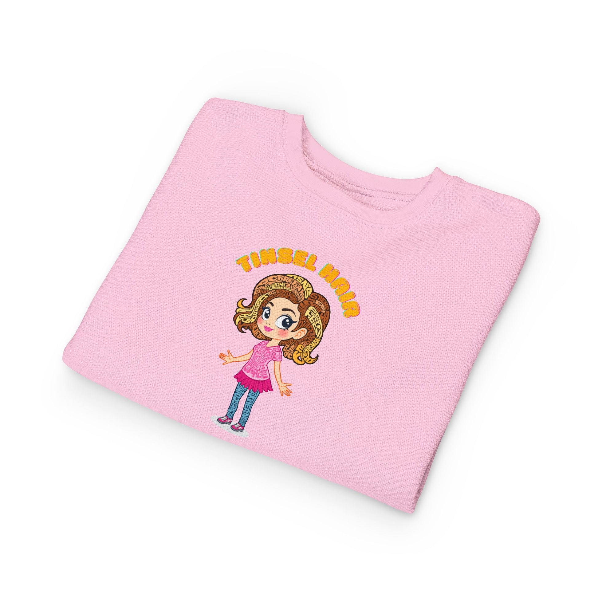 Folded pink t-shirt with a cartoon character and text on a white background