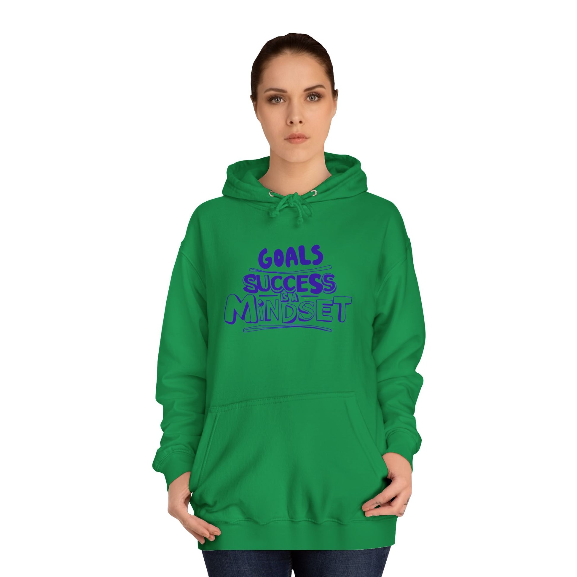 Person wearing a green hoodie with text on a white background