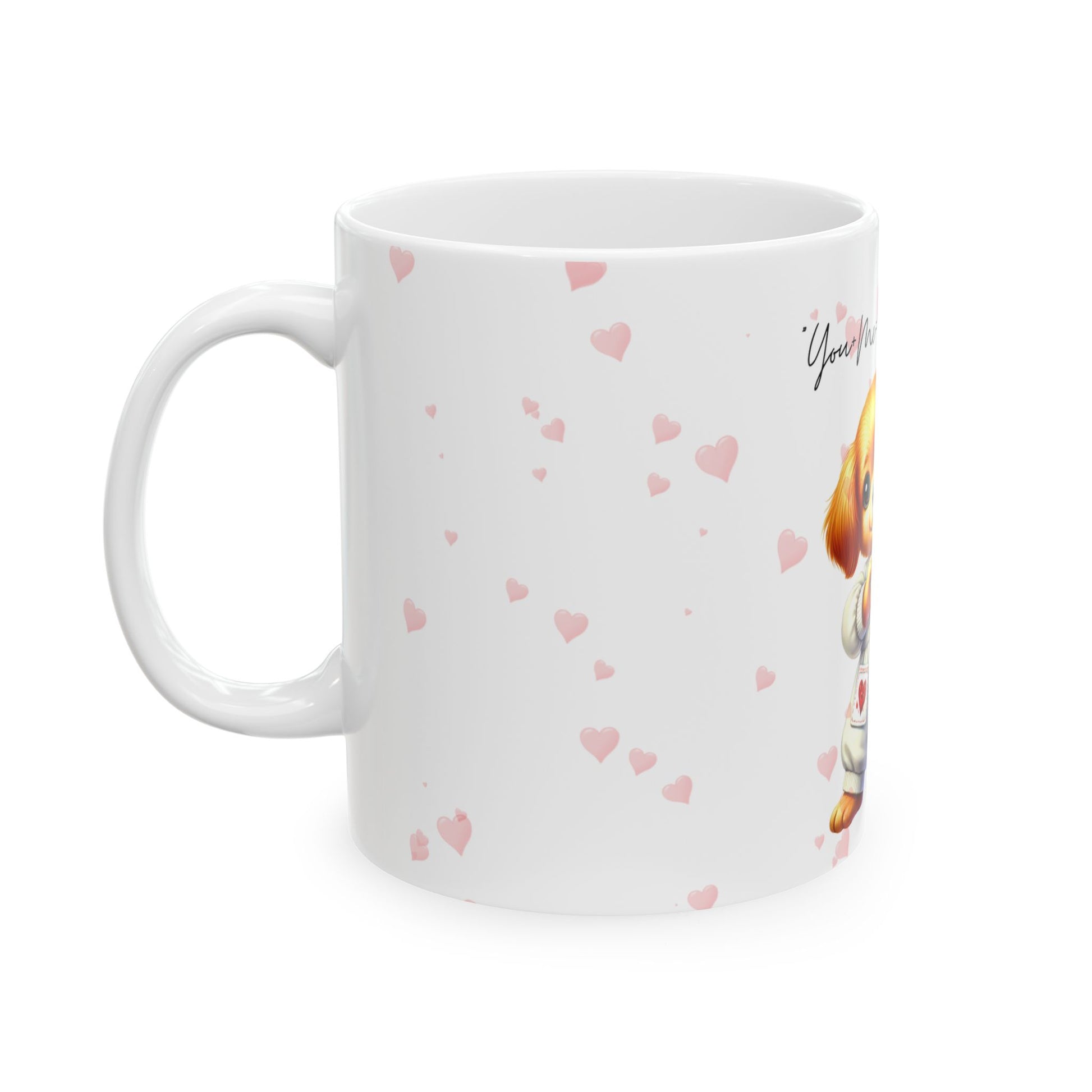White mug with pink heart patterns on a white background