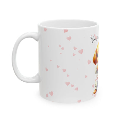 White mug with pink heart patterns on a white background