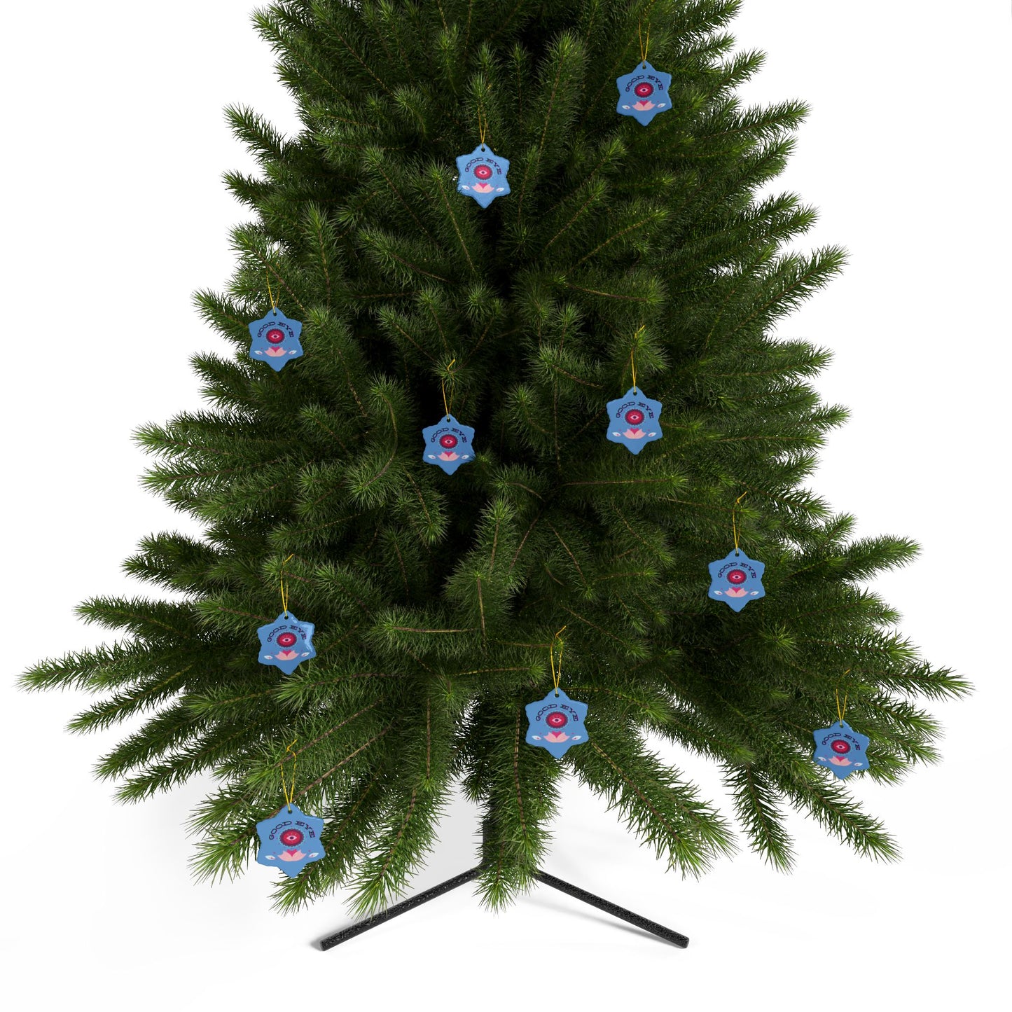 Christmas tree with blue star-shaped ornaments on a white background