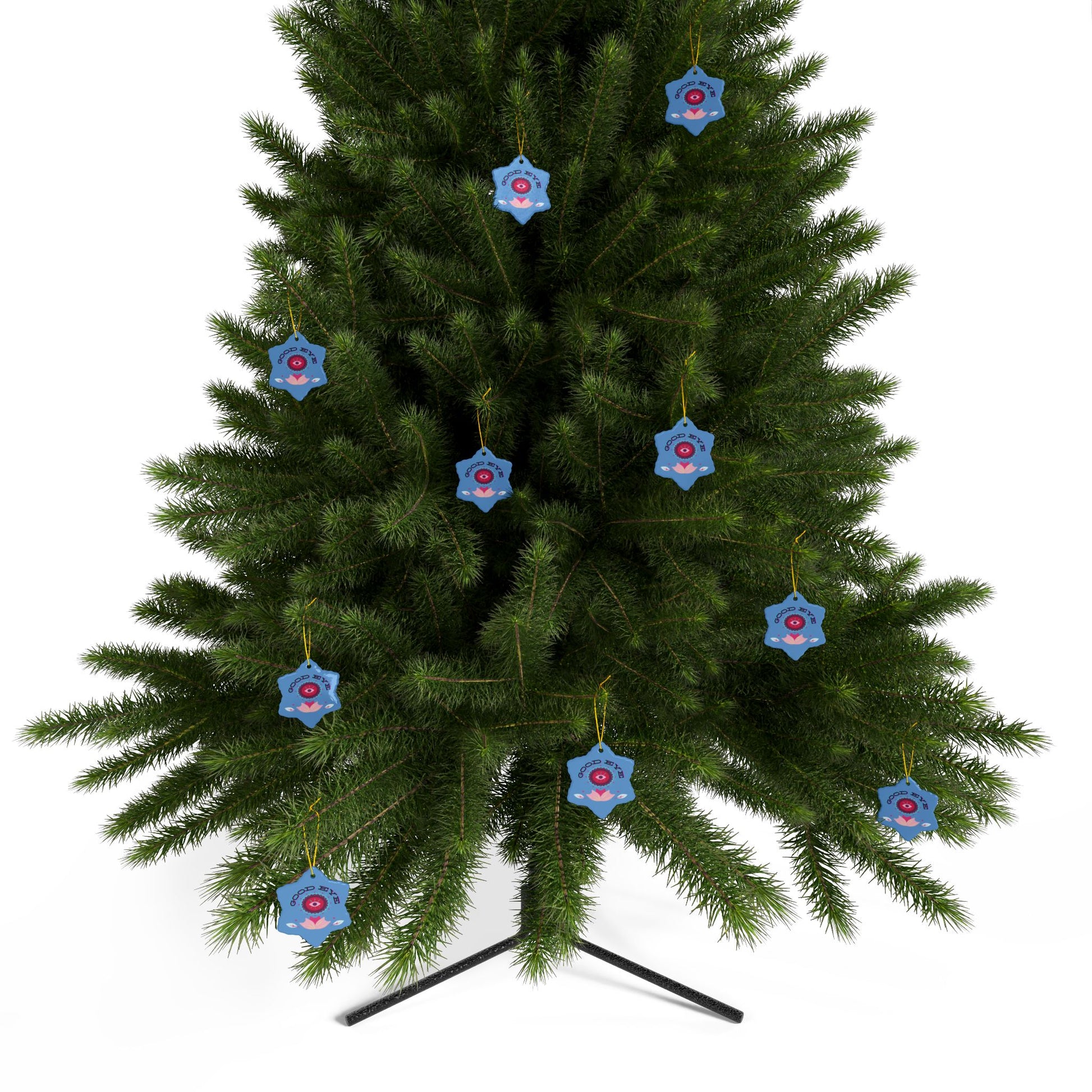 Christmas tree with blue star-shaped ornaments on a white background