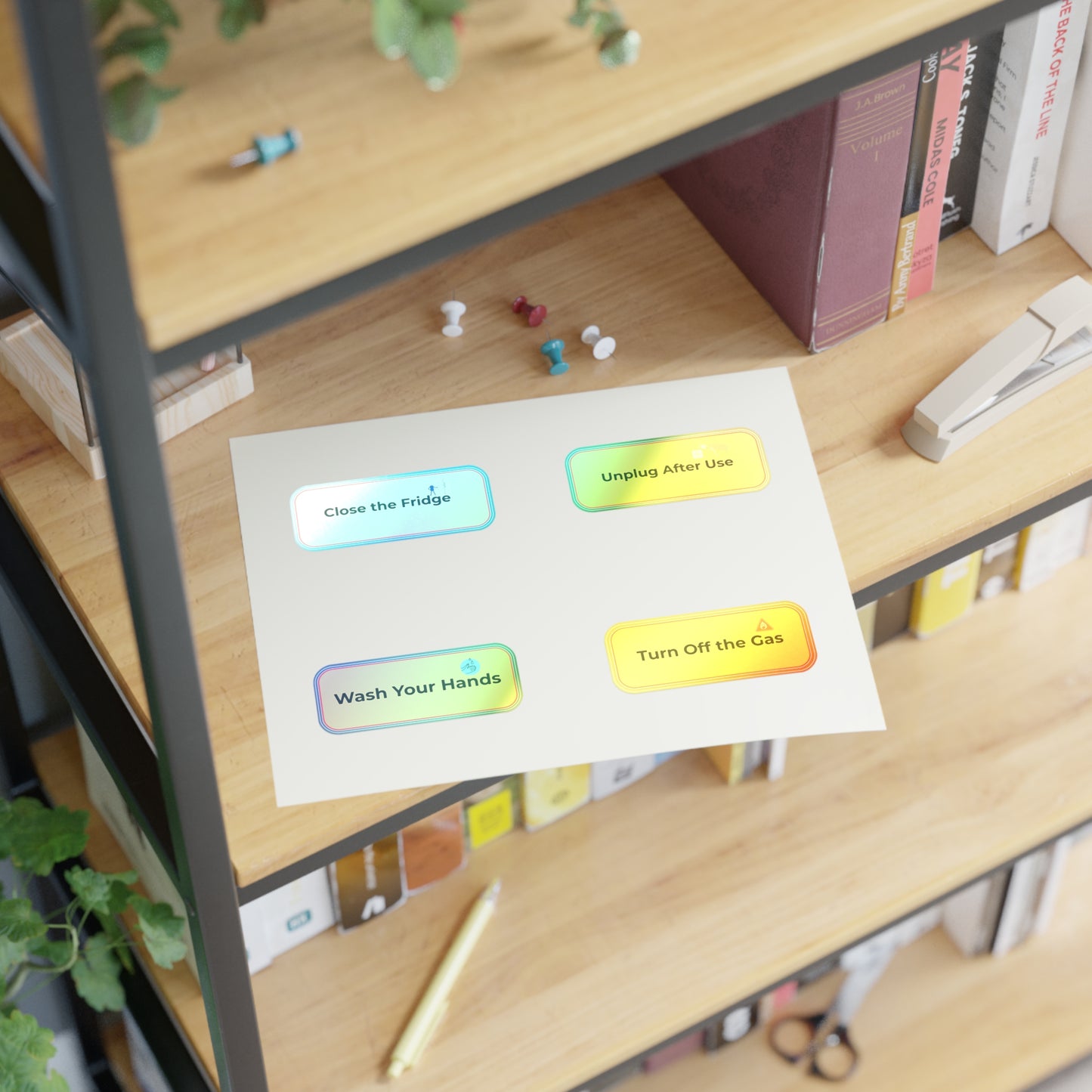 Sheet of safety reminders on a wooden shelf with stationery items