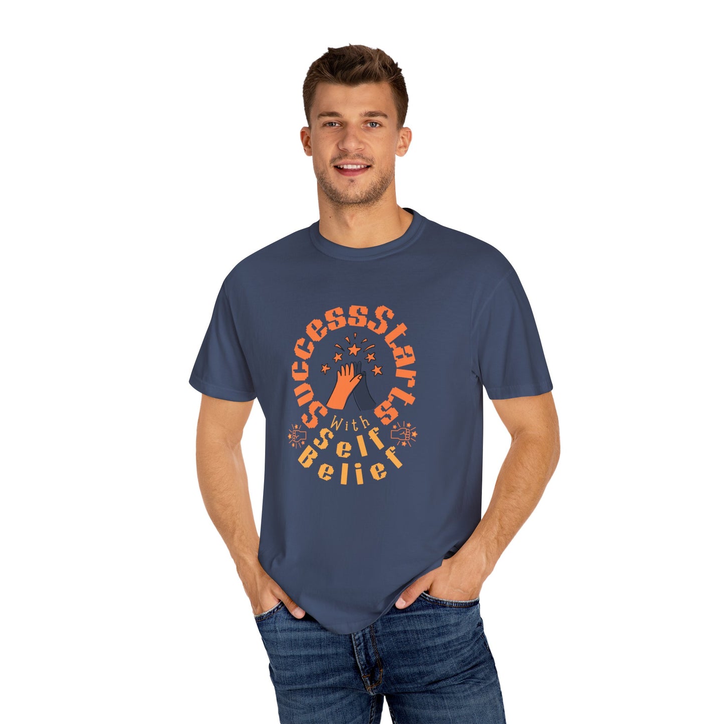 Man wearing a blue t-shirt with motivational text design on a white background