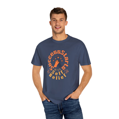 Man wearing a blue t-shirt with motivational text design on a white background