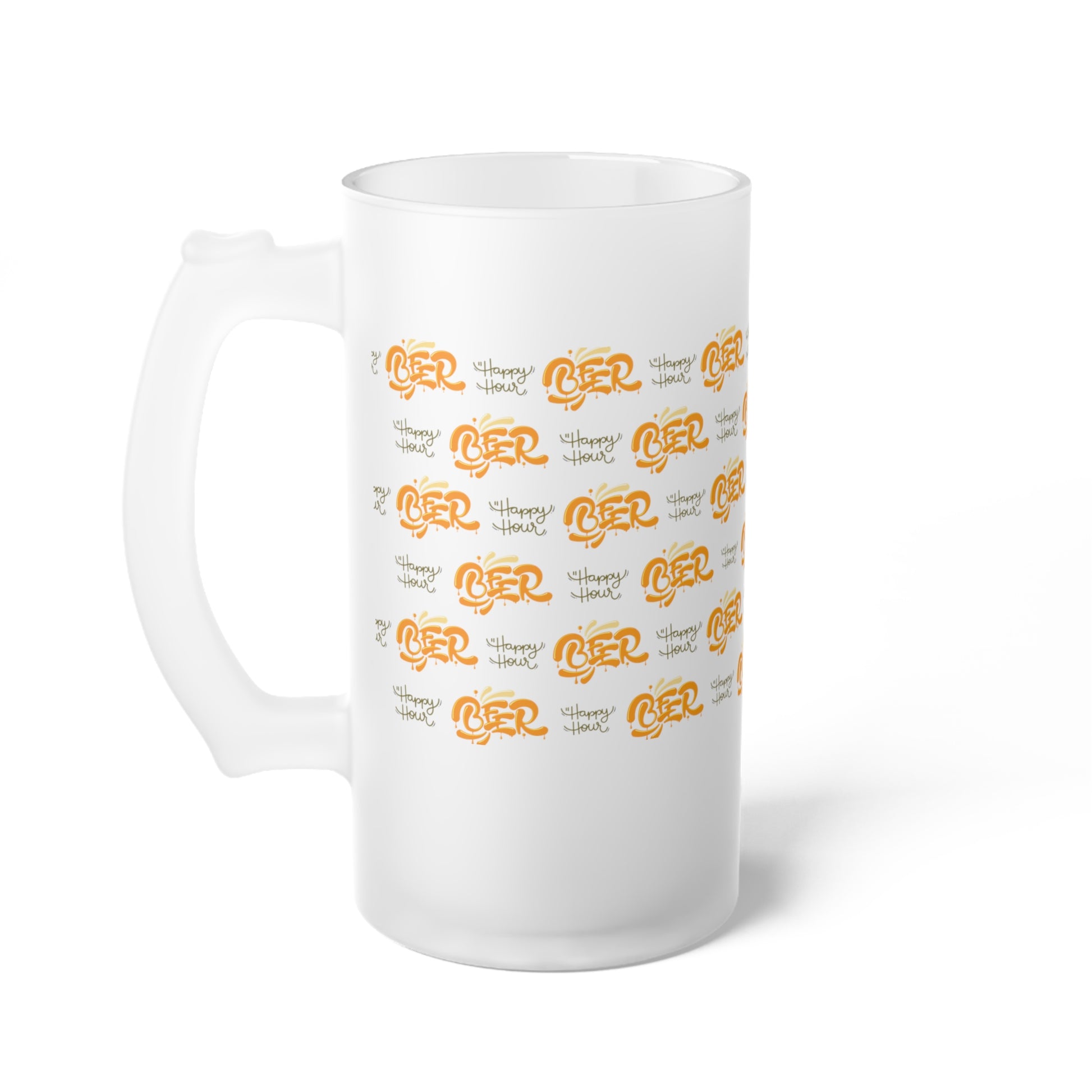 Frosted beer glass with "Happy Hour" text – stylish drinkware for chilled beverages.

