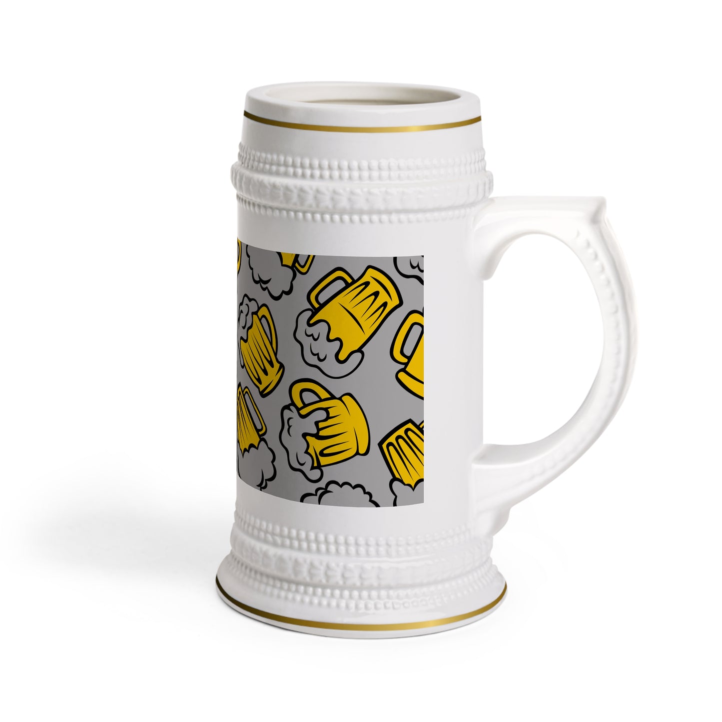 Ceramic beer stein with yellow beer mug illustrations and Cold Beer text in the center

