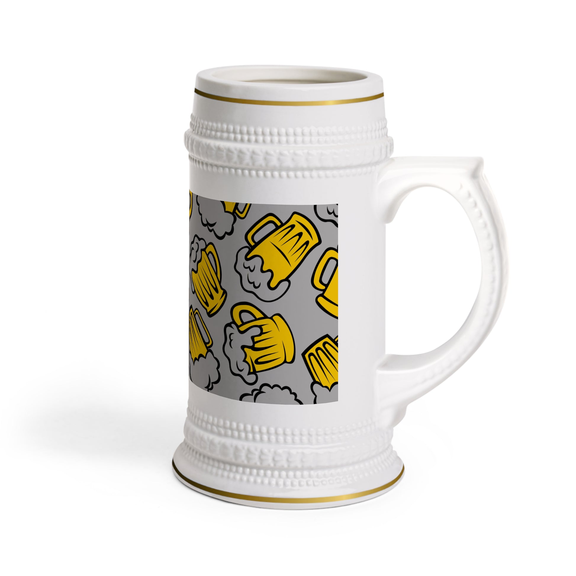 Ceramic beer stein with yellow beer mug illustrations and Cold Beer text in the center

