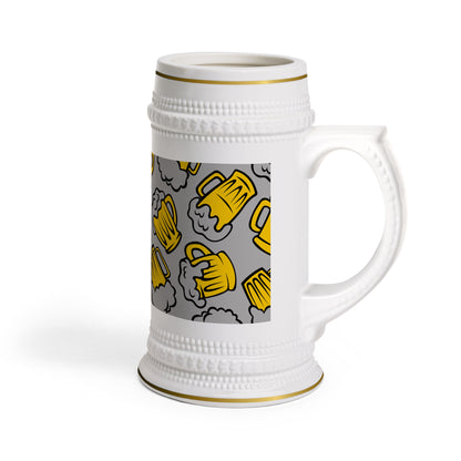 Ceramic beer stein with yellow beer mug illustrations and Cold Beer text in the center

