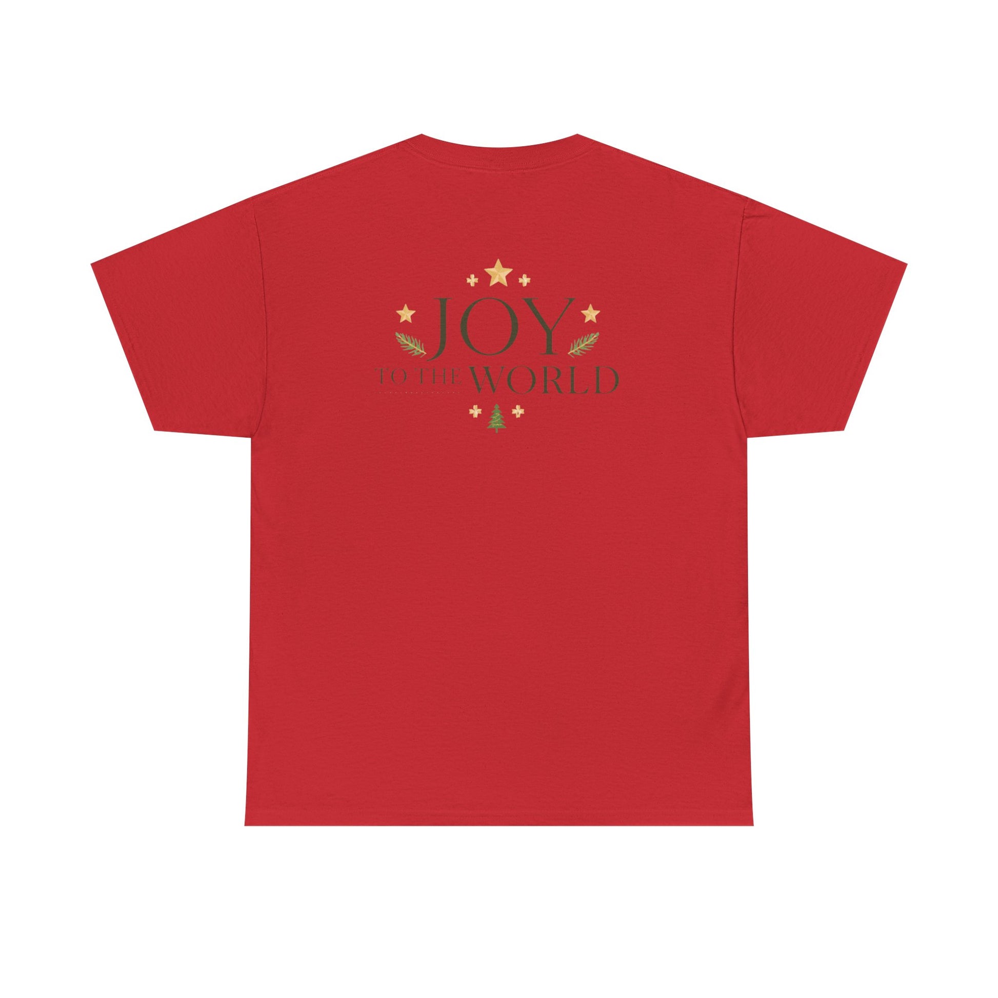 Minimalist Christmas T-shirt with golden stars and Joy to the World typography in elegant festive style