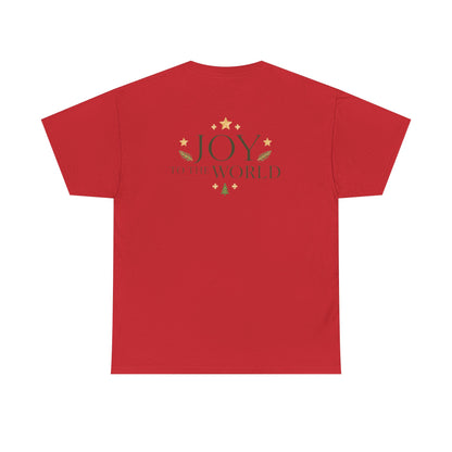 Minimalist Christmas T-shirt with golden stars and Joy to the World typography in elegant festive style