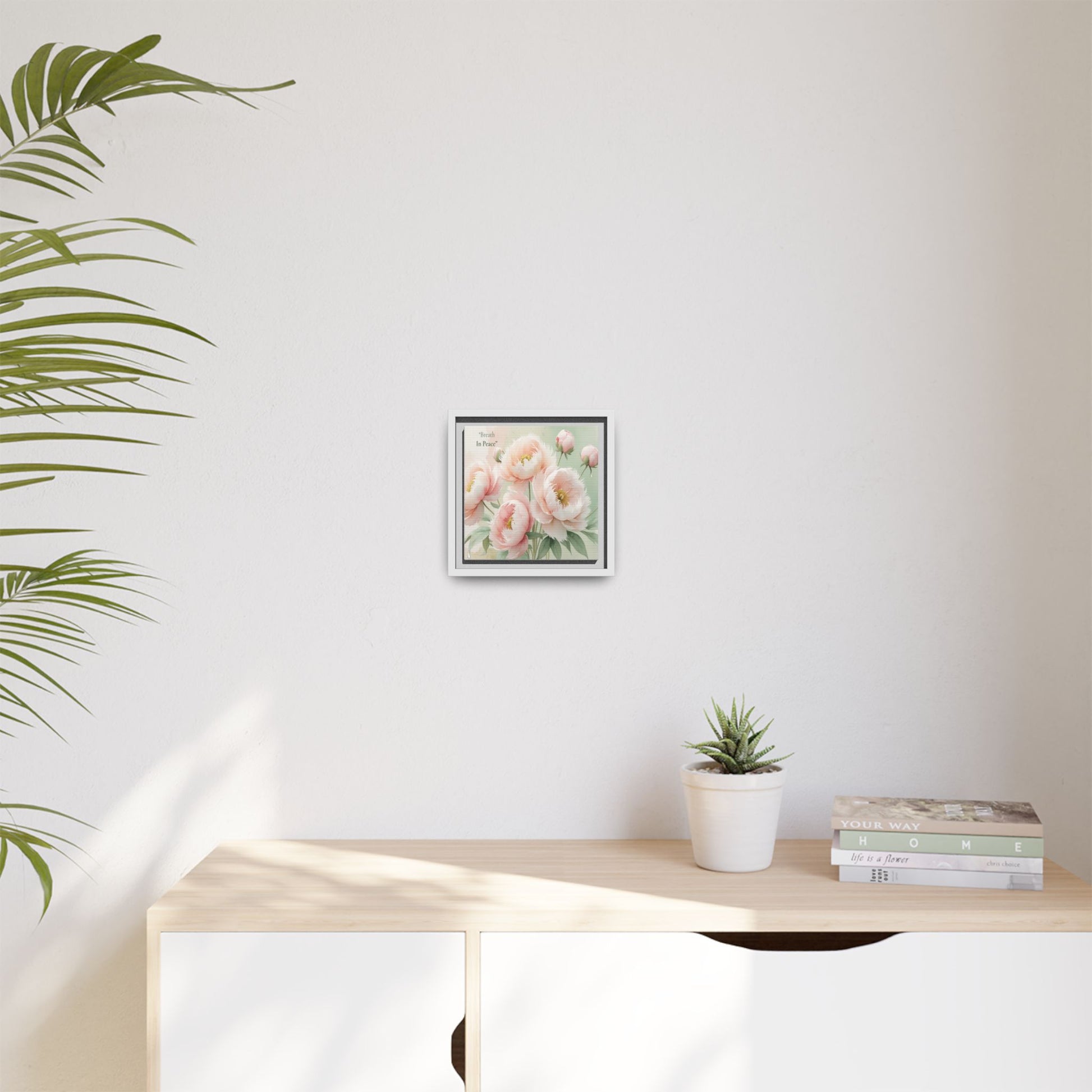 soft bloom pink flowers framed matte canvas. the delicate floral artwork bring fresh and soothing aesthetic