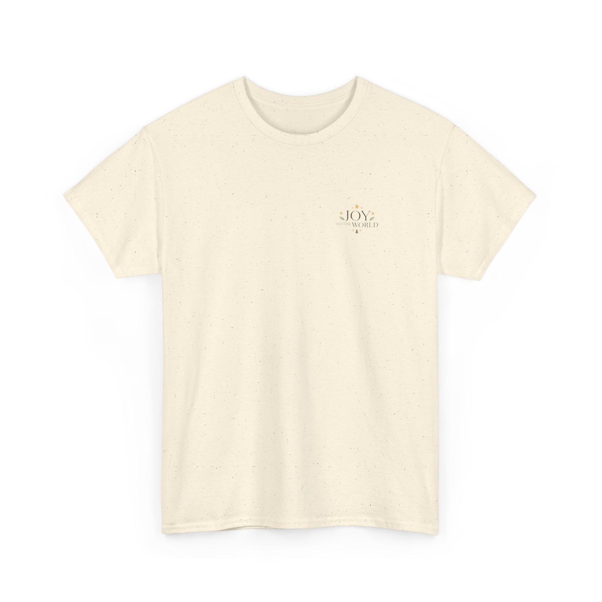 Minimalist Christmas T-shirt with golden stars and Joy to the World typography in elegant festive style