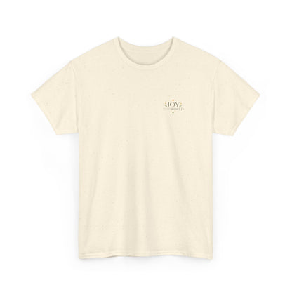 Minimalist Christmas T-shirt with golden stars and Joy to the World typography in elegant festive style