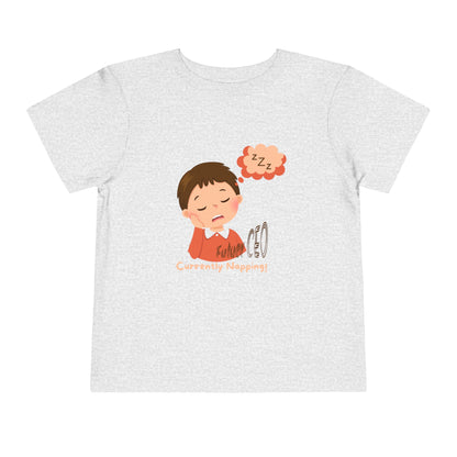 Toddler short sleeve t-shirt with sleeping child illustration and “Future CEO, Currently Napping” text