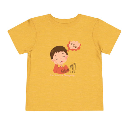 Toddler short sleeve t-shirt with sleeping child illustration and “Future CEO, Currently Napping” text