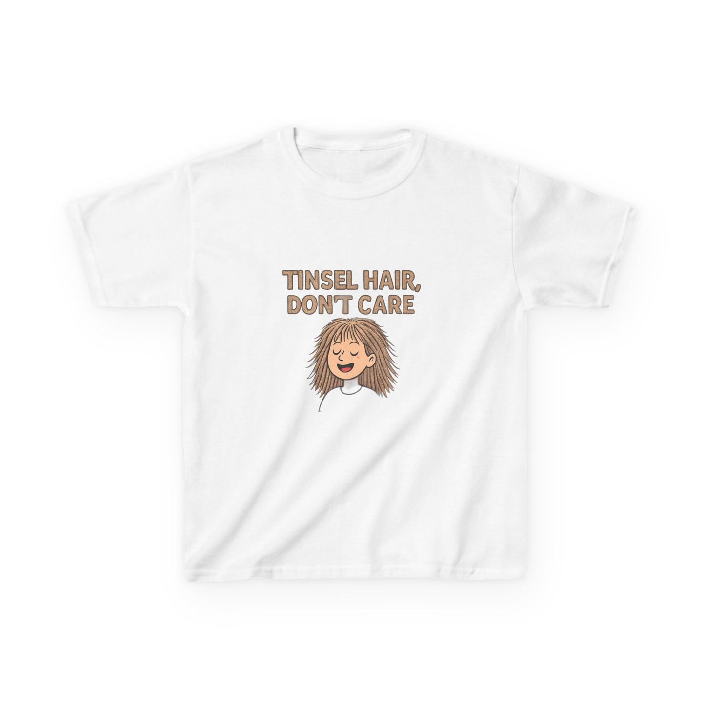 White t-shirt with cartoon character and 'Tinsel Hair, Don't Care' text on a white background