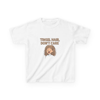 White t-shirt with cartoon character and 'Tinsel Hair, Don't Care' text on a white background