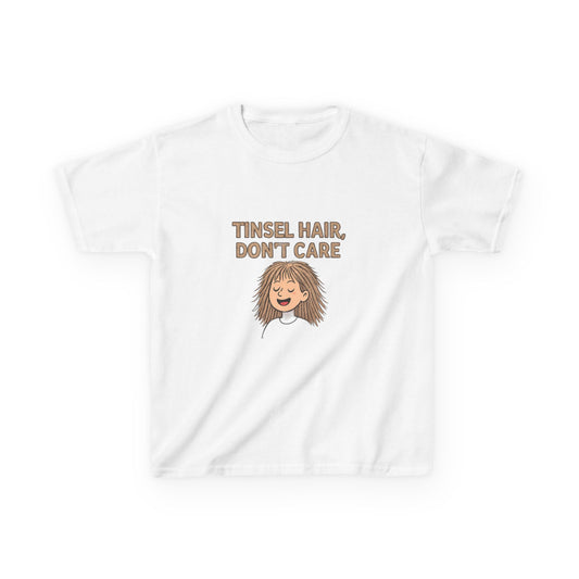 White t-shirt with cartoon character and 'Tinsel Hair, Don't Care' text on a white background