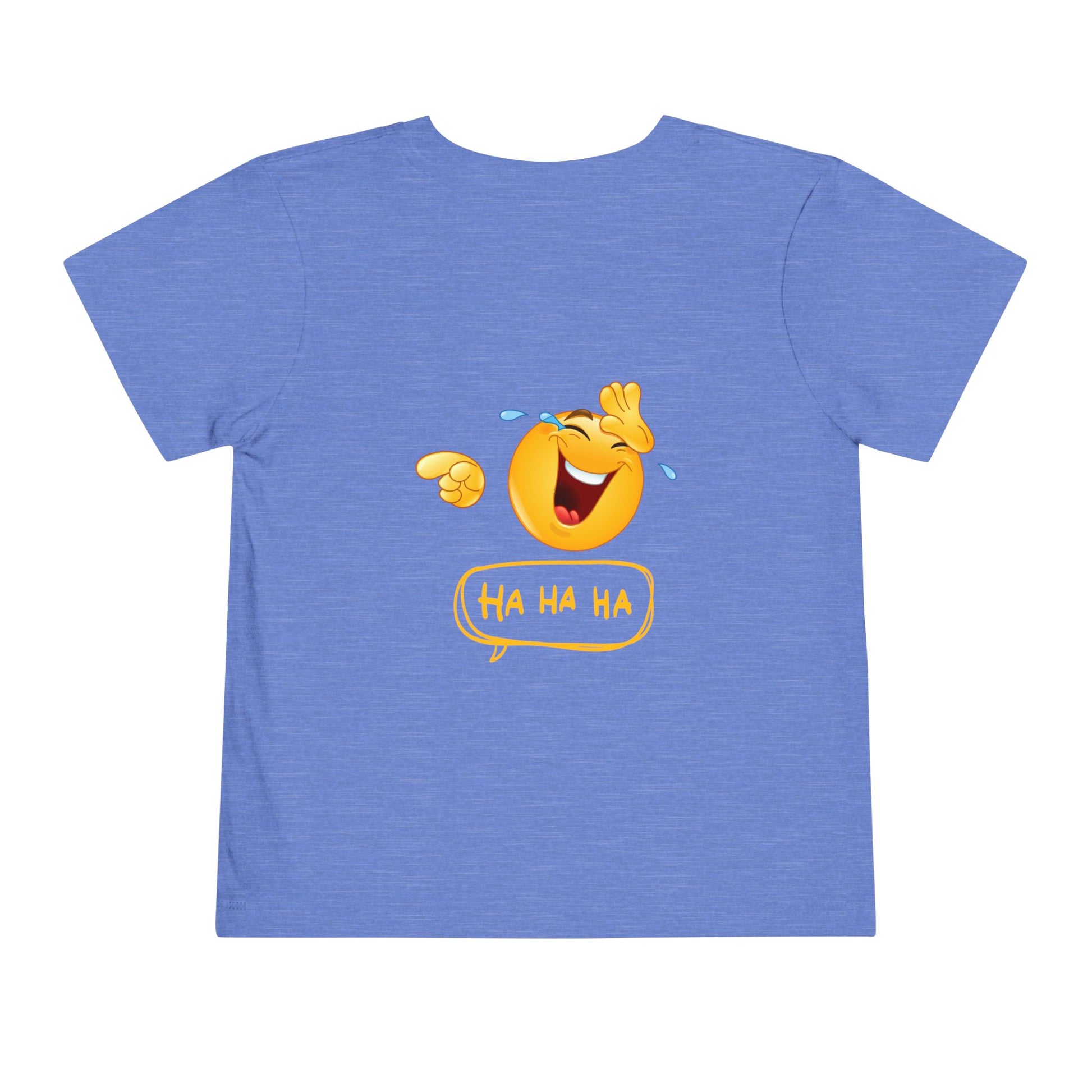 Blue t-shirt with a laughing emoji design on a white background