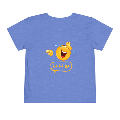 Blue t-shirt with a laughing emoji design on a white background