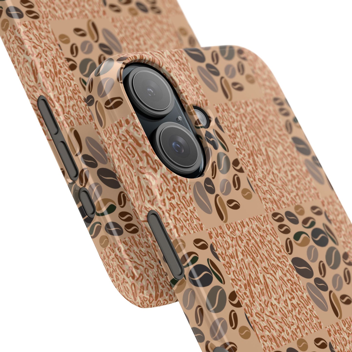 Phone case with coffee bean pattern on a plain background